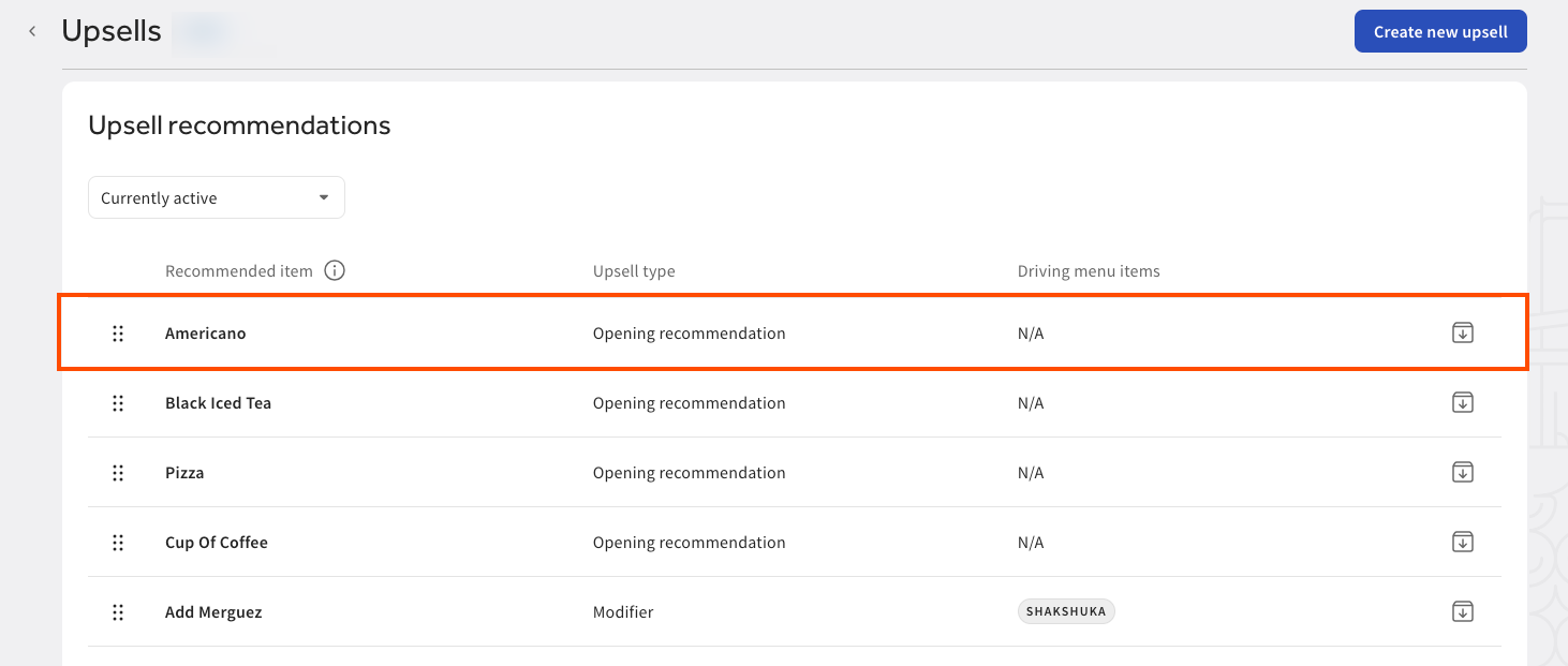 Shows the Upsell recommendations table with Americano as an opening recommendation emphasized.
