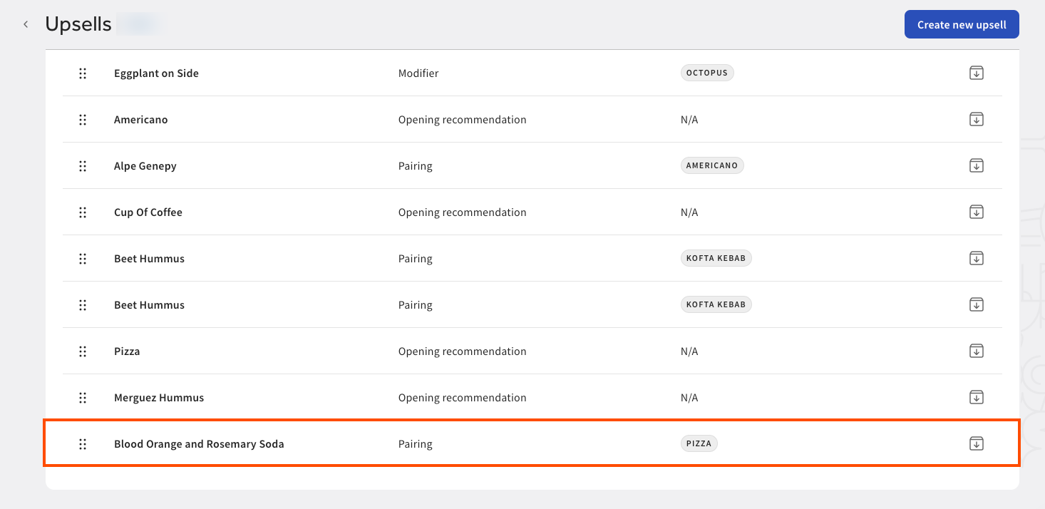 Shows the Upsell recommendations table with an upsell emphasized.