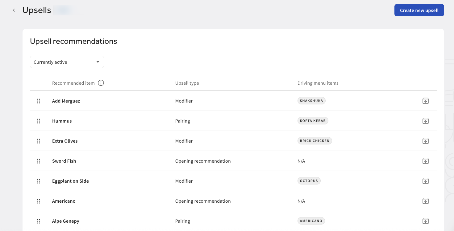 Shows active upsells in the Upsell recommendations table in Toast Web.