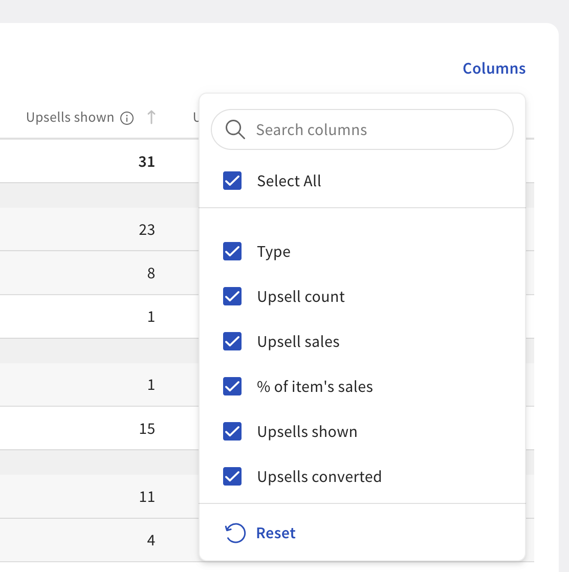 Shows the data report column options panel in Toast Web.