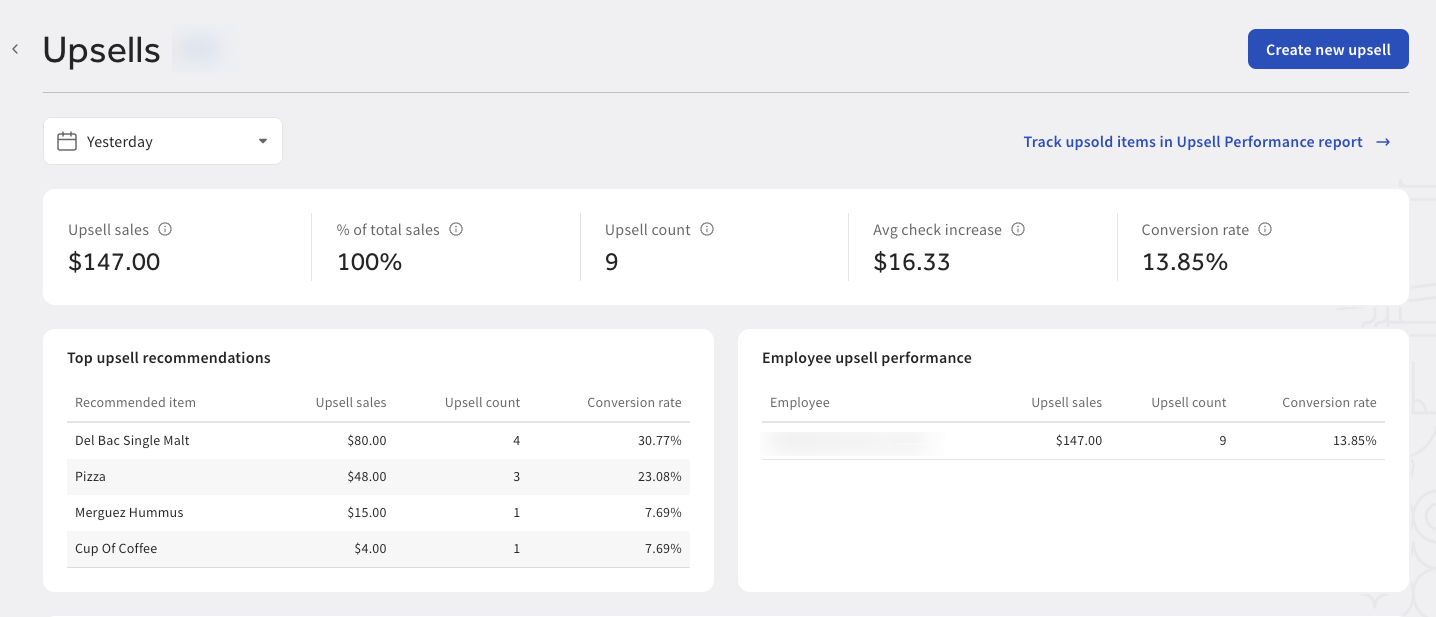 Shows the upsell performance dashboard.