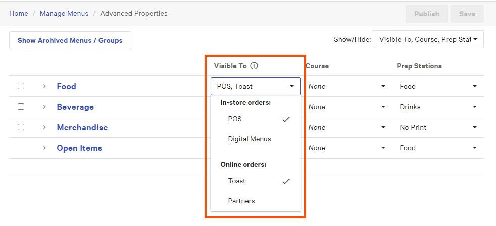 The location of the Visible To column on the Advanced Properties page