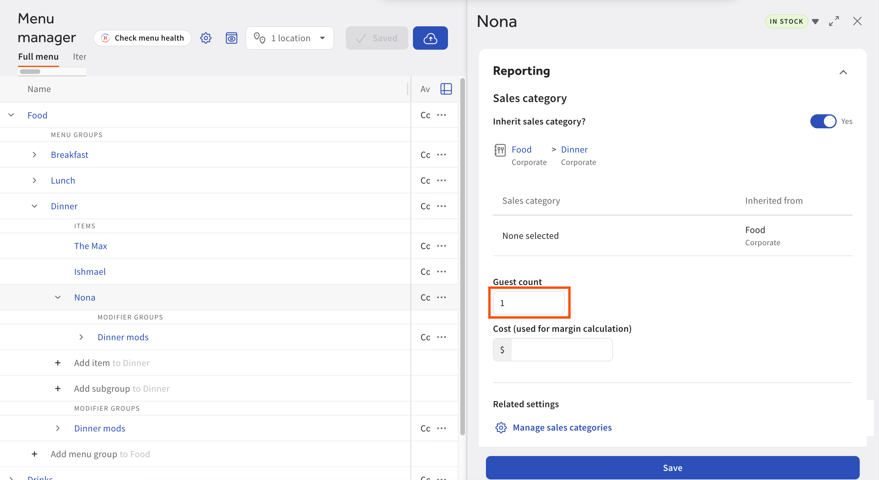 The Full menu view side pane in menu manager, showing the item details for a dinner menu item called Nona. The Guest count weight field is highlighted, and has the value 1.