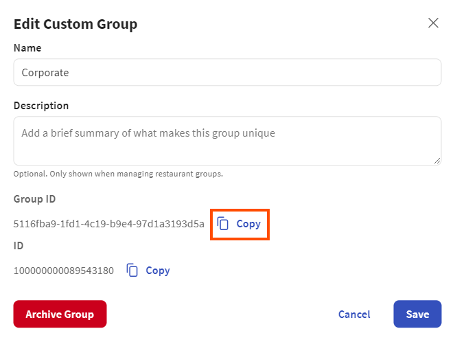 Location of the Copy button for the Group ID