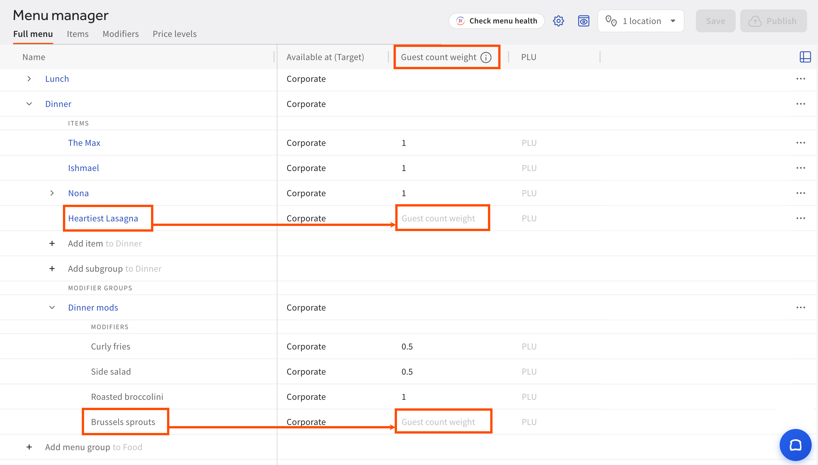 The Full menu view in menu manager. The Guest count weight fields are highlighted for an item and a modifier.