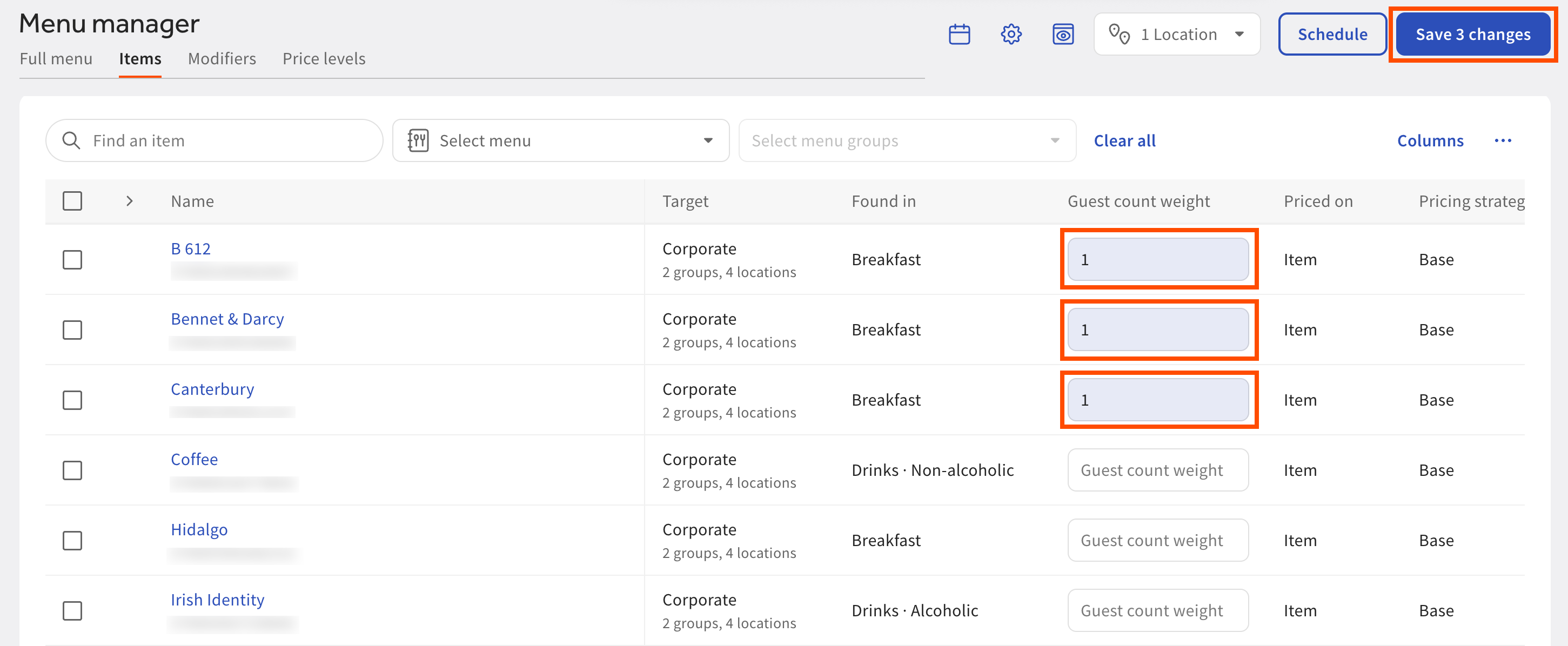 The Items view in menu manager, showing the items at a location. Three Guest count weight column fields are highlighted, and each field has the value 1.