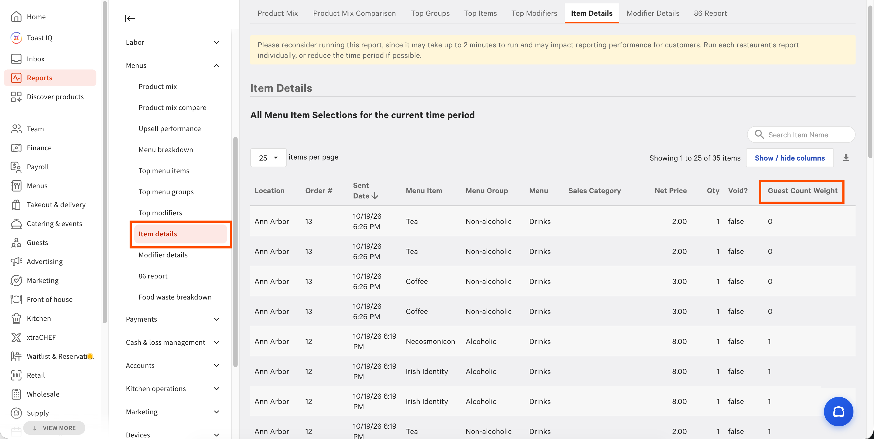 The Item details report page in Toast Web. The Guest count weight column is highlighted.