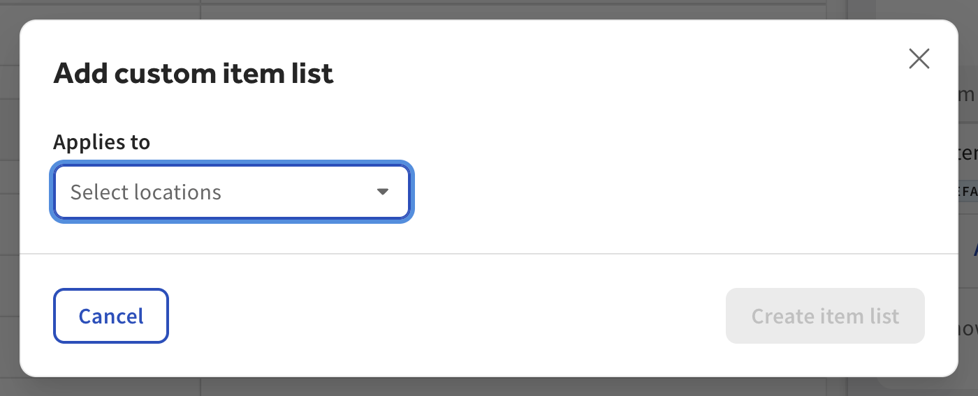 The Add custom item list dialog.