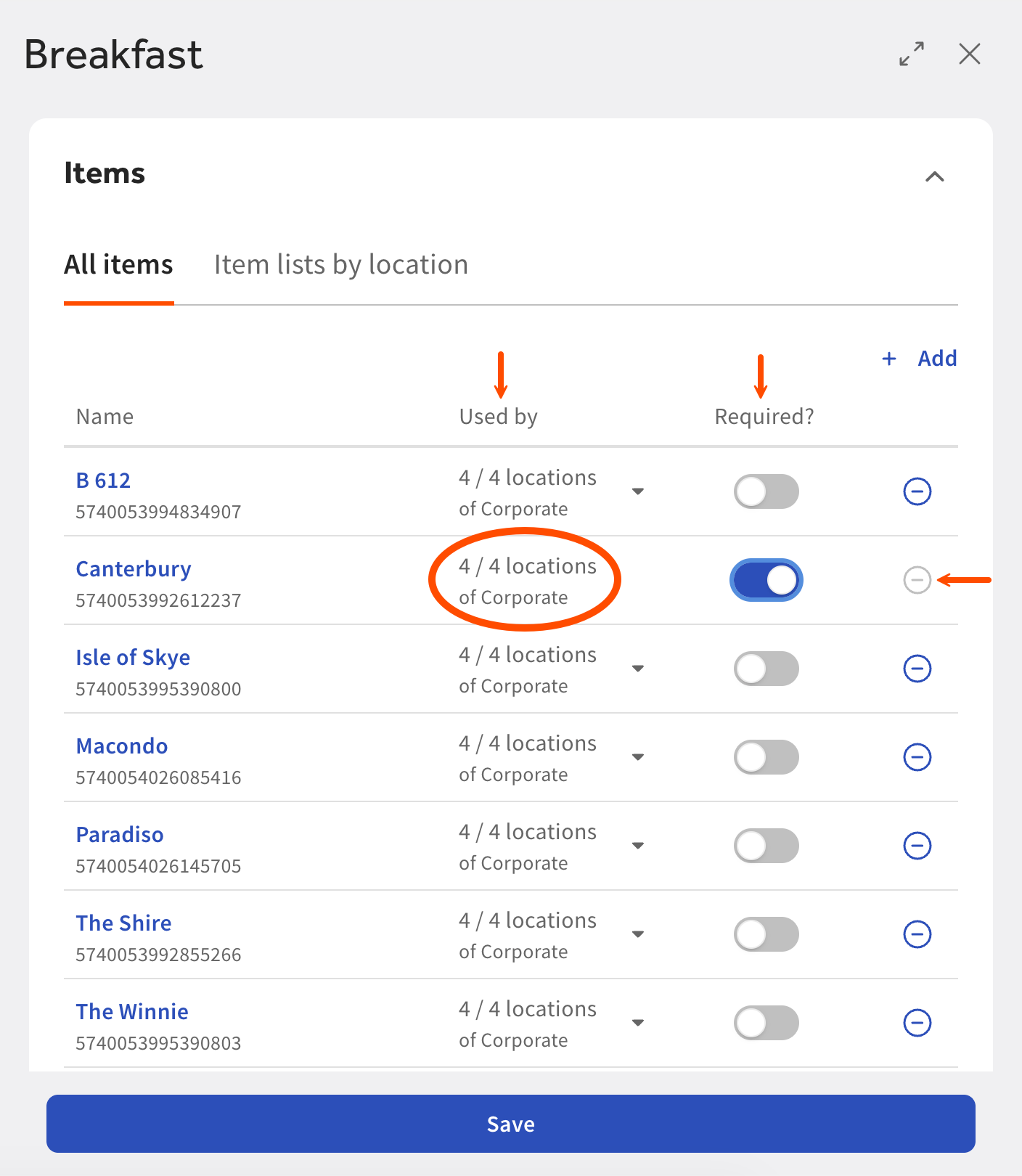A menu item that is required and is used by all locations that use this menu group.