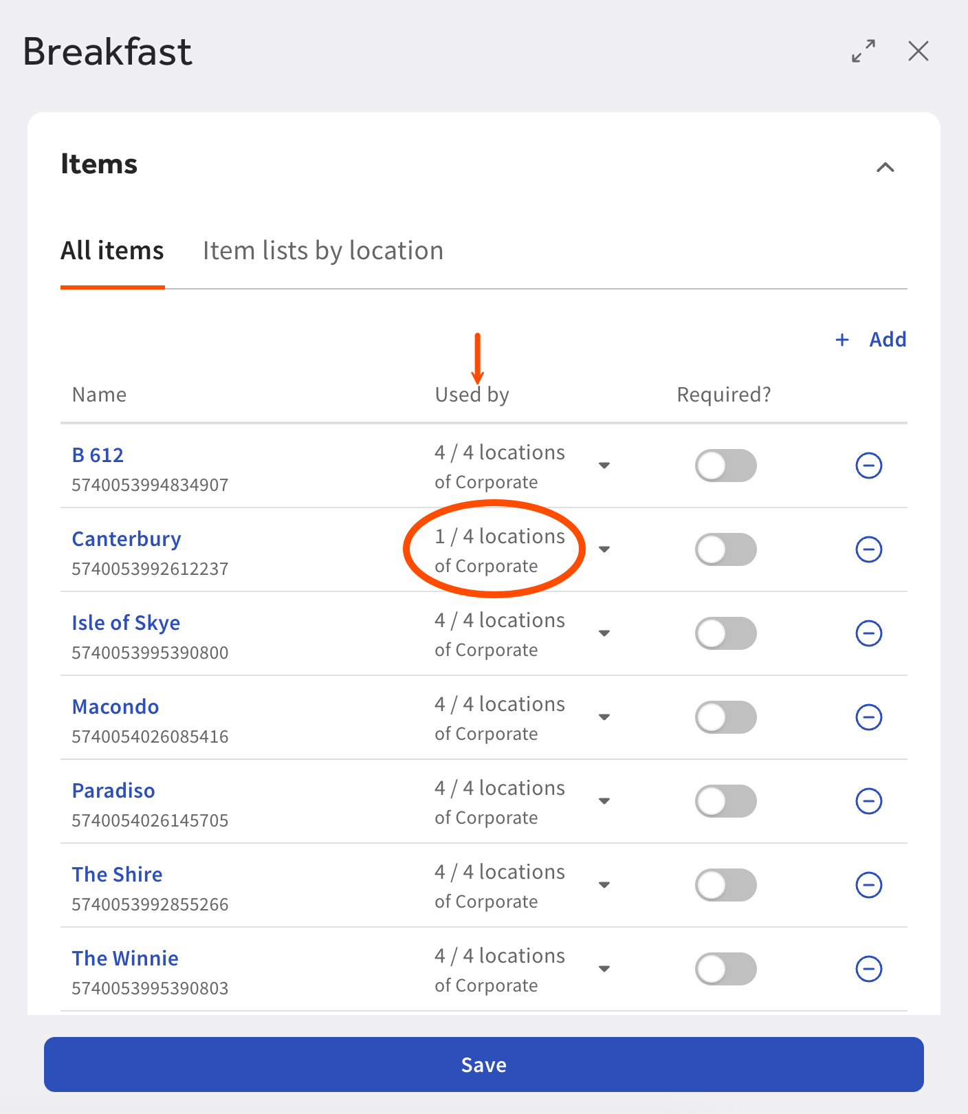 A menu item that is not required and is currently only used by one location.