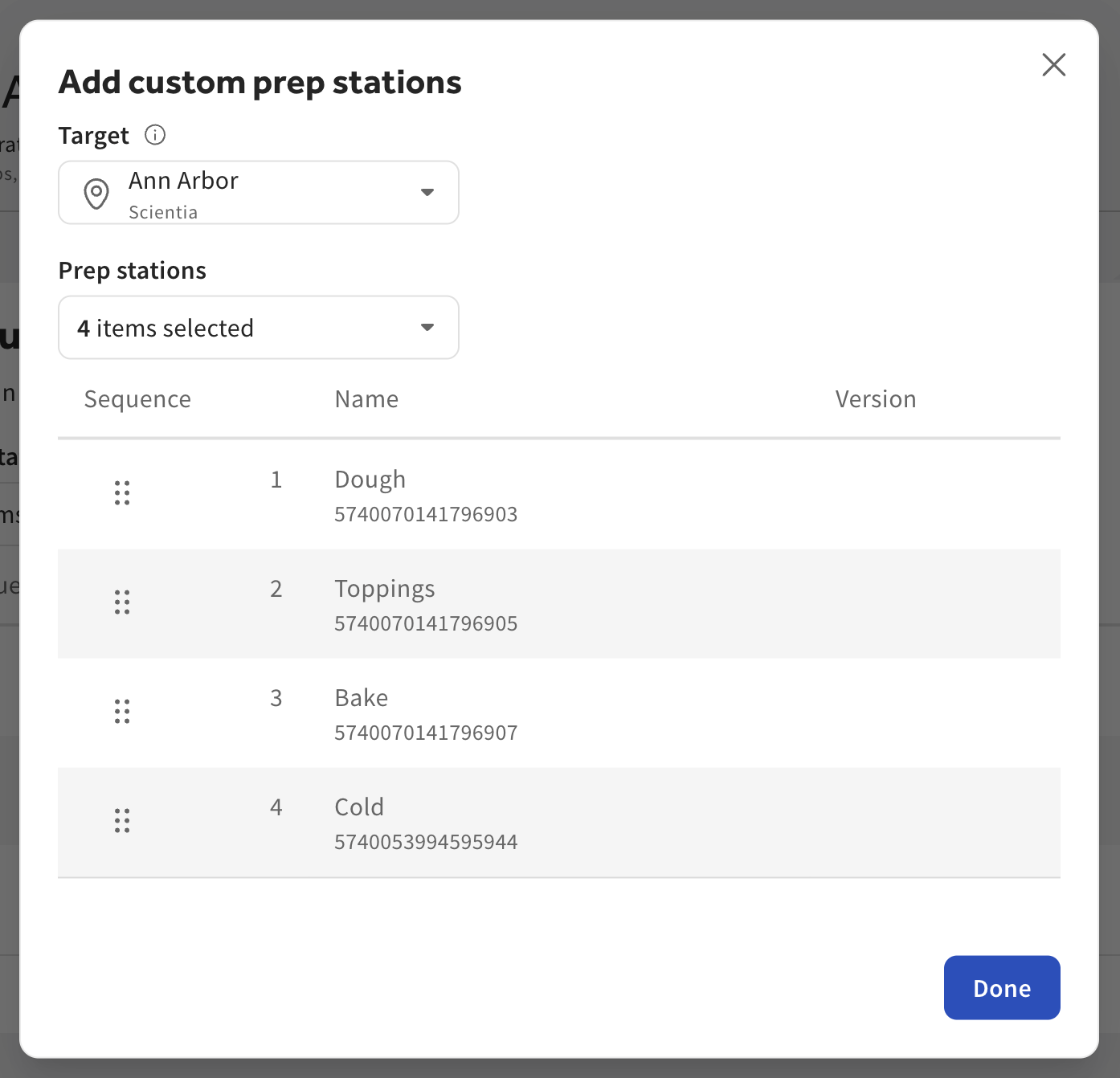 The Add custom prep stations dialog with selections.