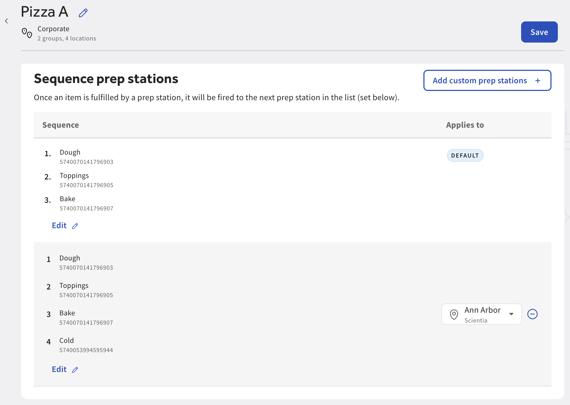 Under the Sequence prep stations list, the custom assembly line appears.