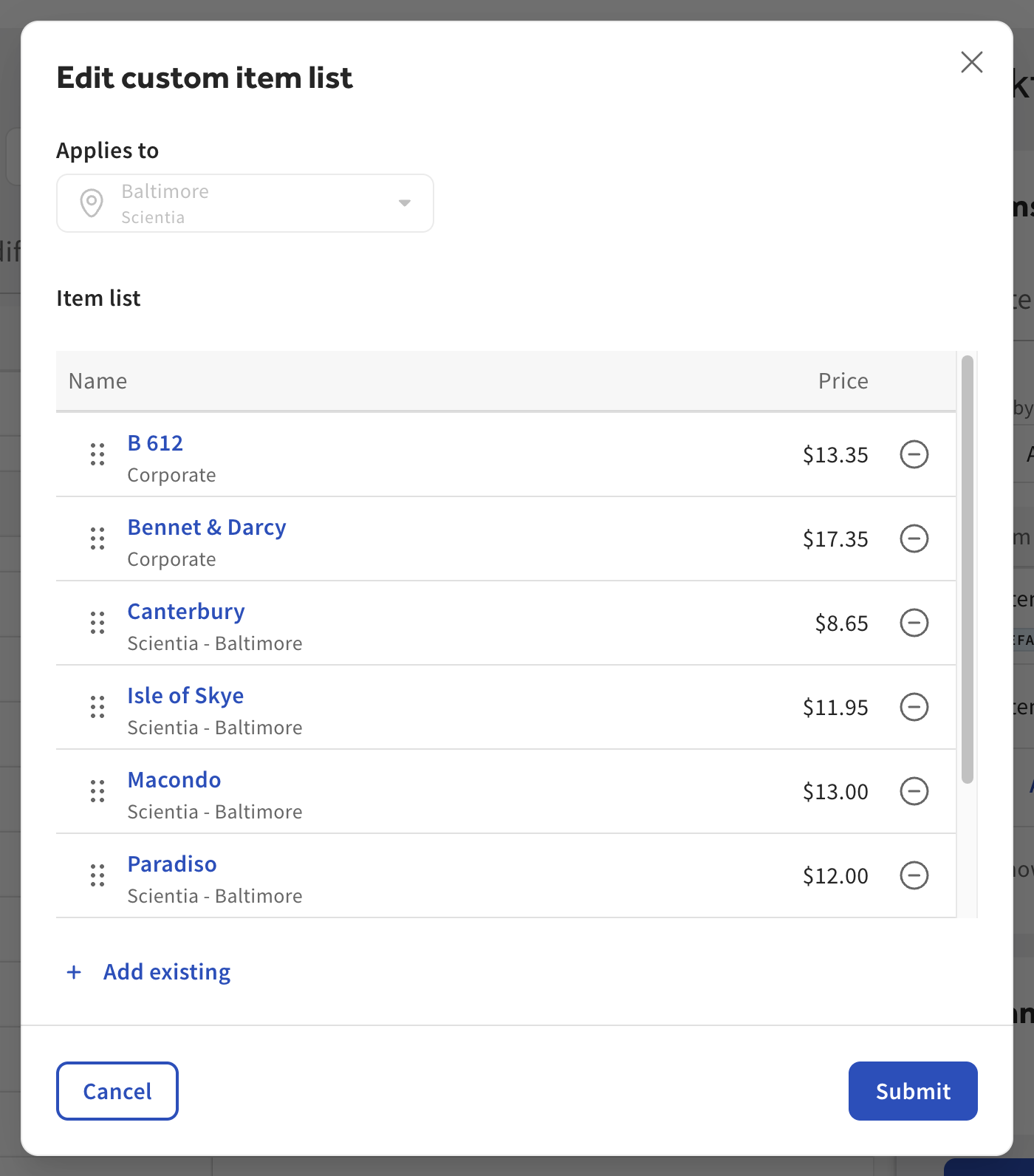 The Edit custom item list dialog, showing the items in the list.