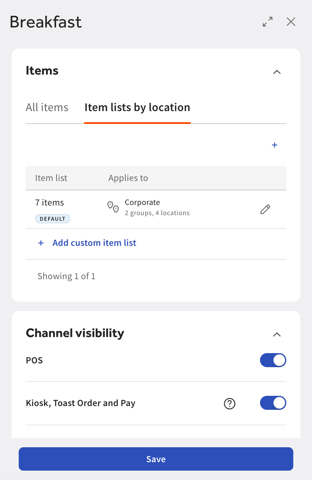 The Items lists by location section of a menu group with no custom item lists.