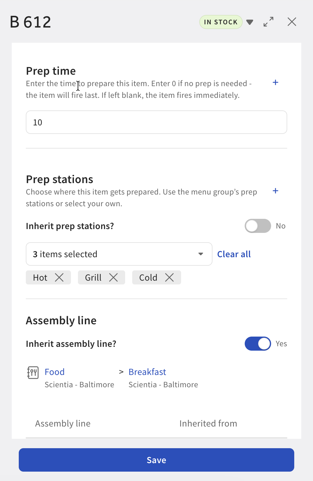 The Prep time setting of a menu item with no custom prep times.