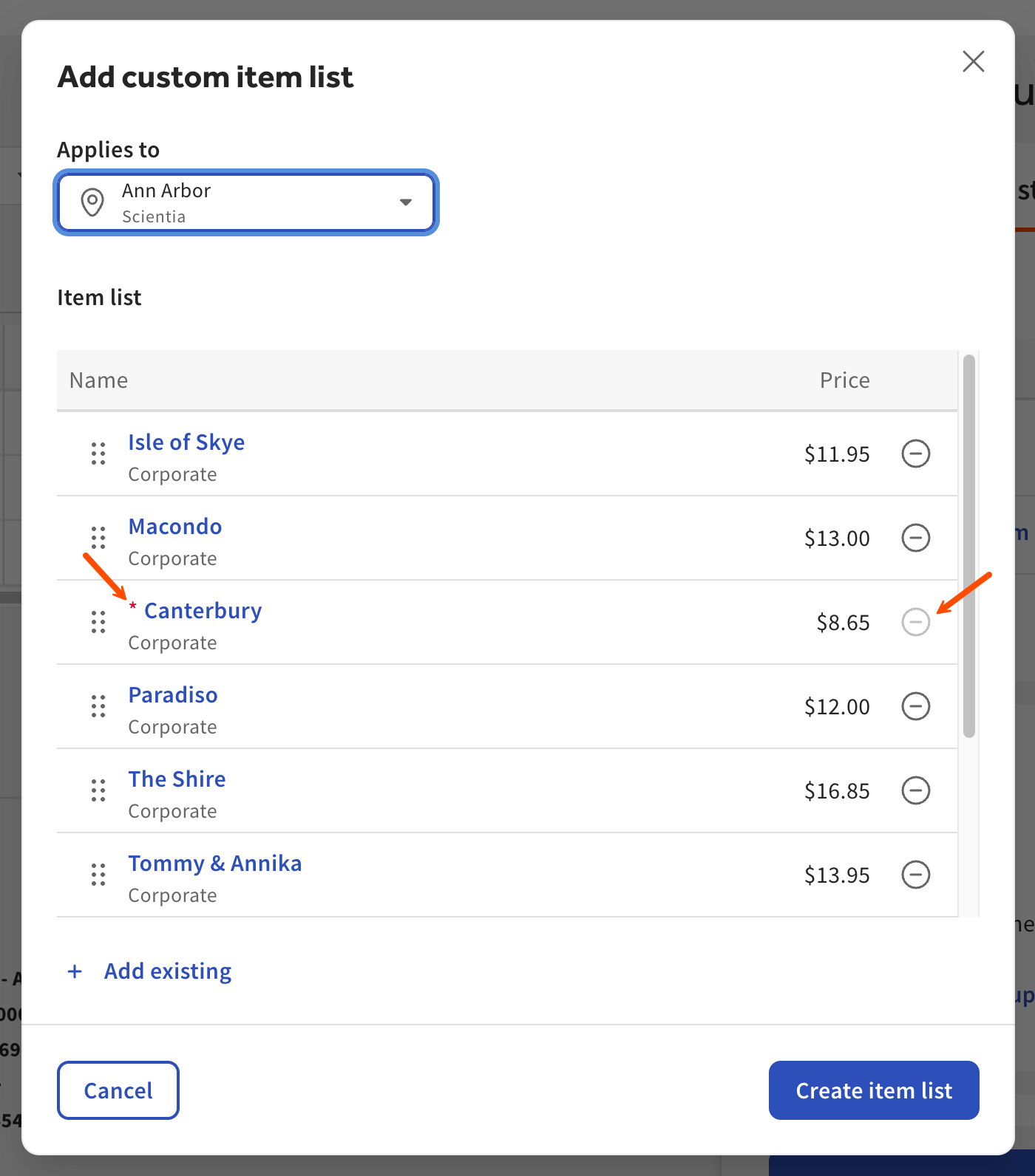 The required menu item in a custom item list indicating the asterisk and the grayed out remove icon.