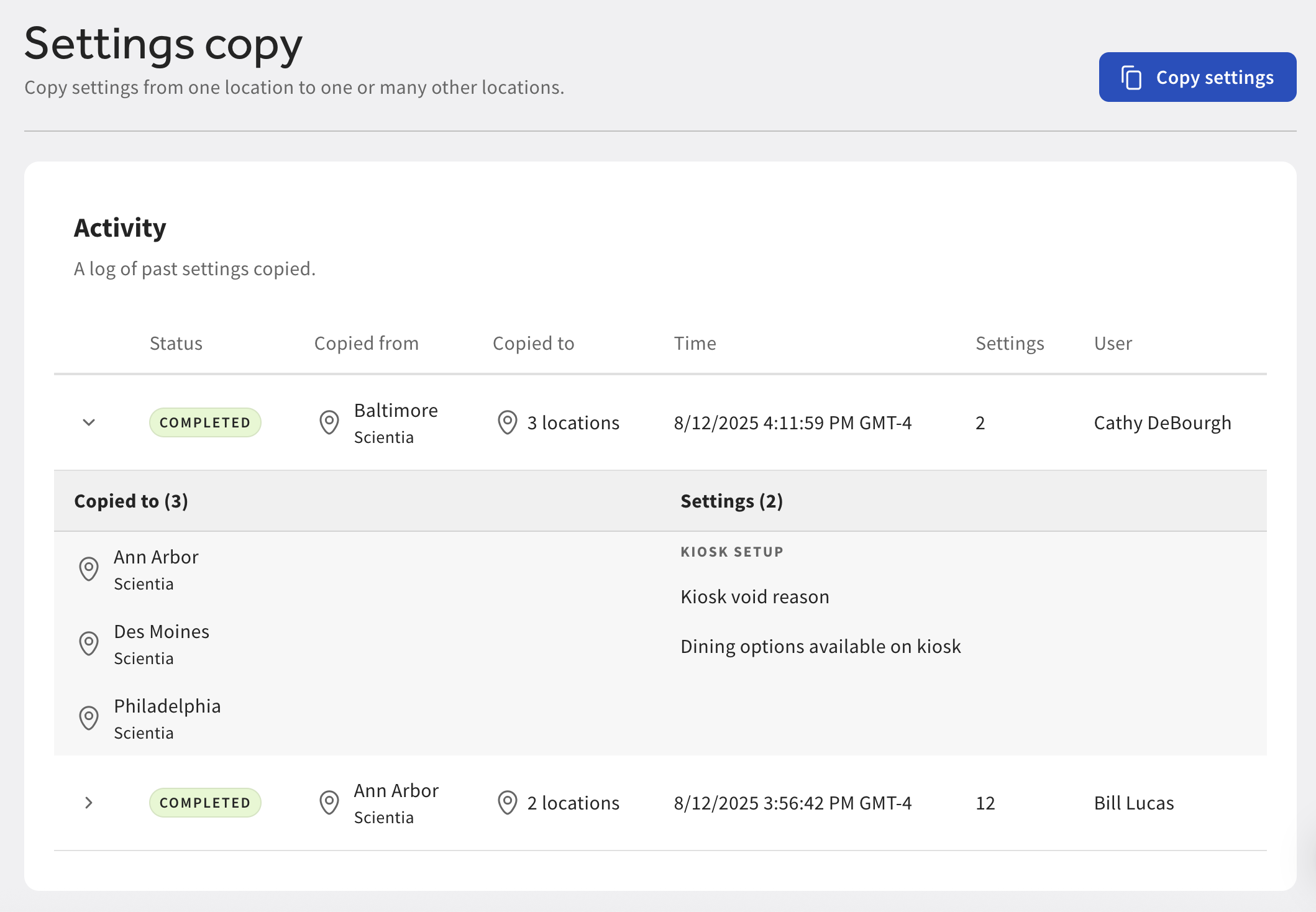 The Actitvity table showing past copies on the Settings copy page.