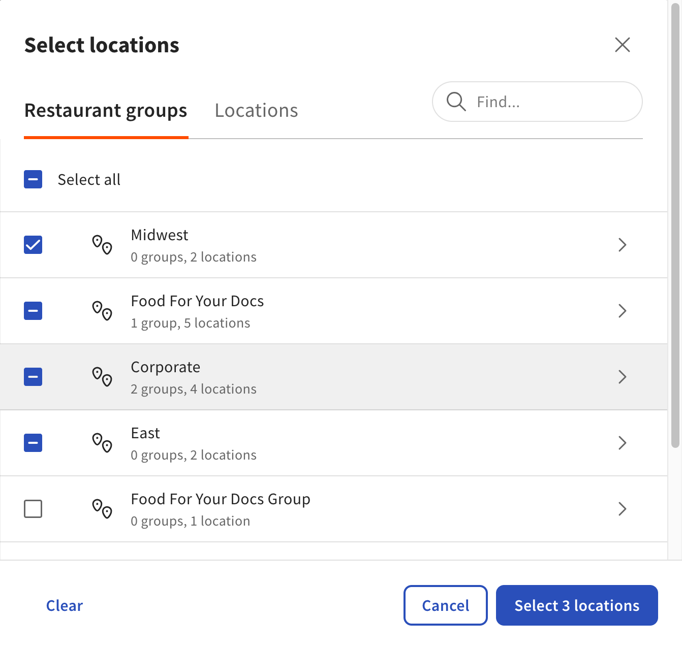 The Select locations dialog for the settings copy workflow.