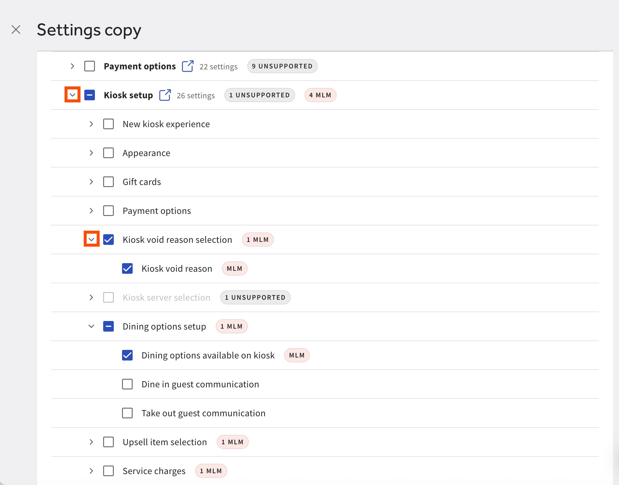 The settings copy workflow with settings selected for copying, emphasizing the expand/collapse icon.
