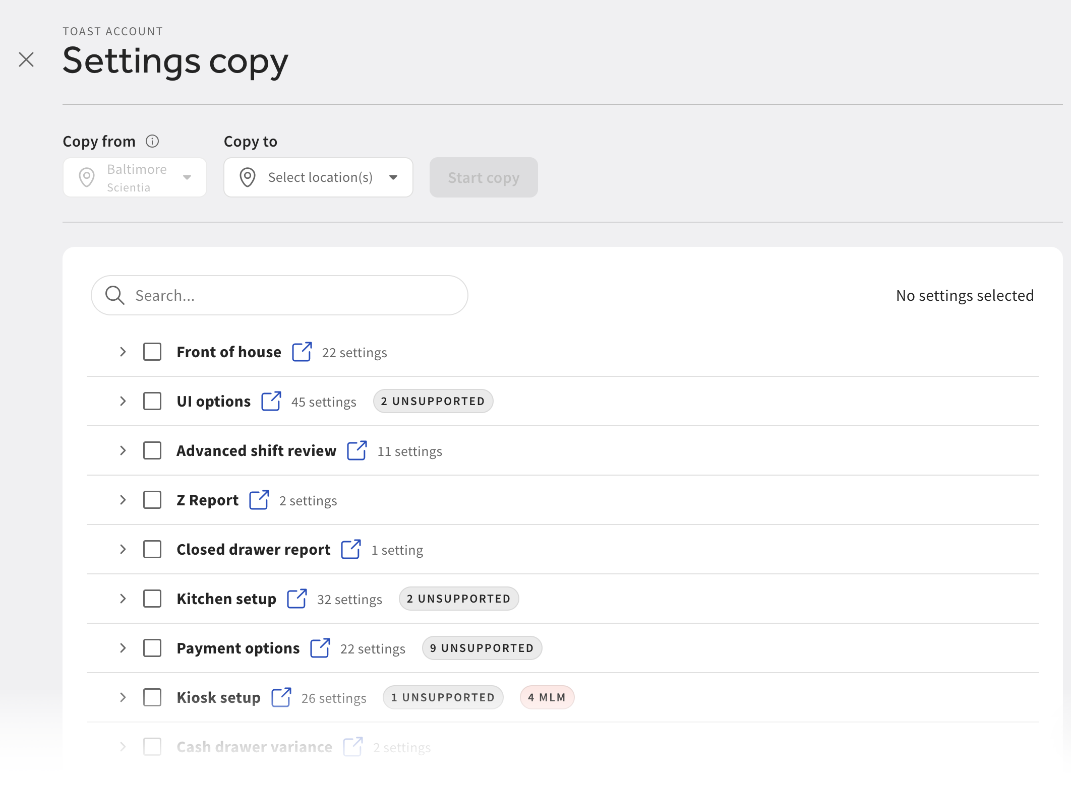 The settings copy workflow page.