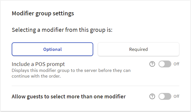 Example of the settings on a modifier group details page in the menu builder that affect modifier group display order.
