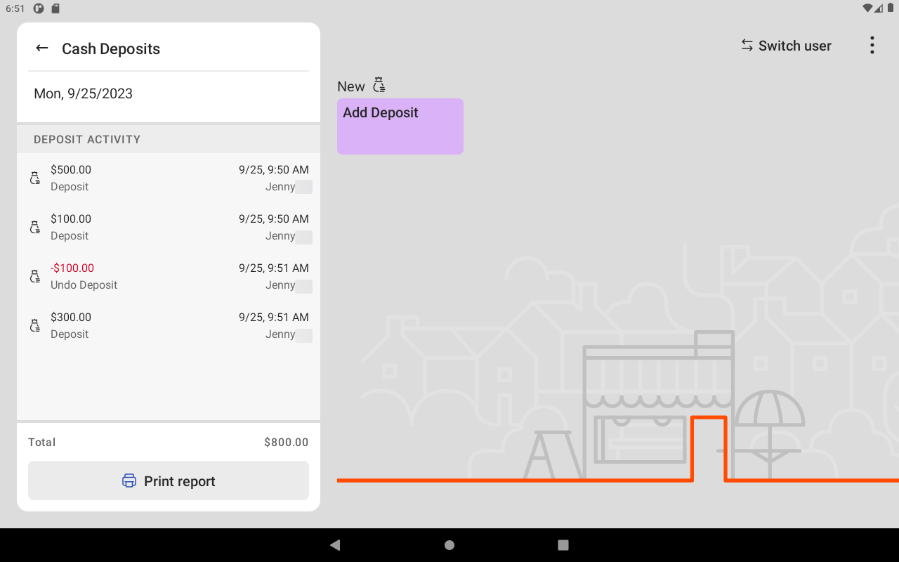 Shows the Cash Deposits screen on the Toast POS.