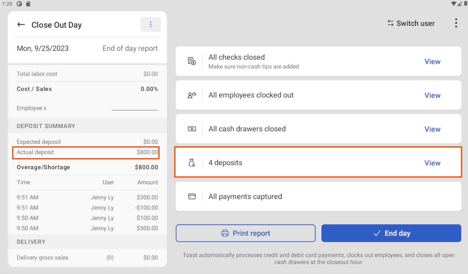 The Close Out Day screen on the Toast POS device showing actual deposit summary.