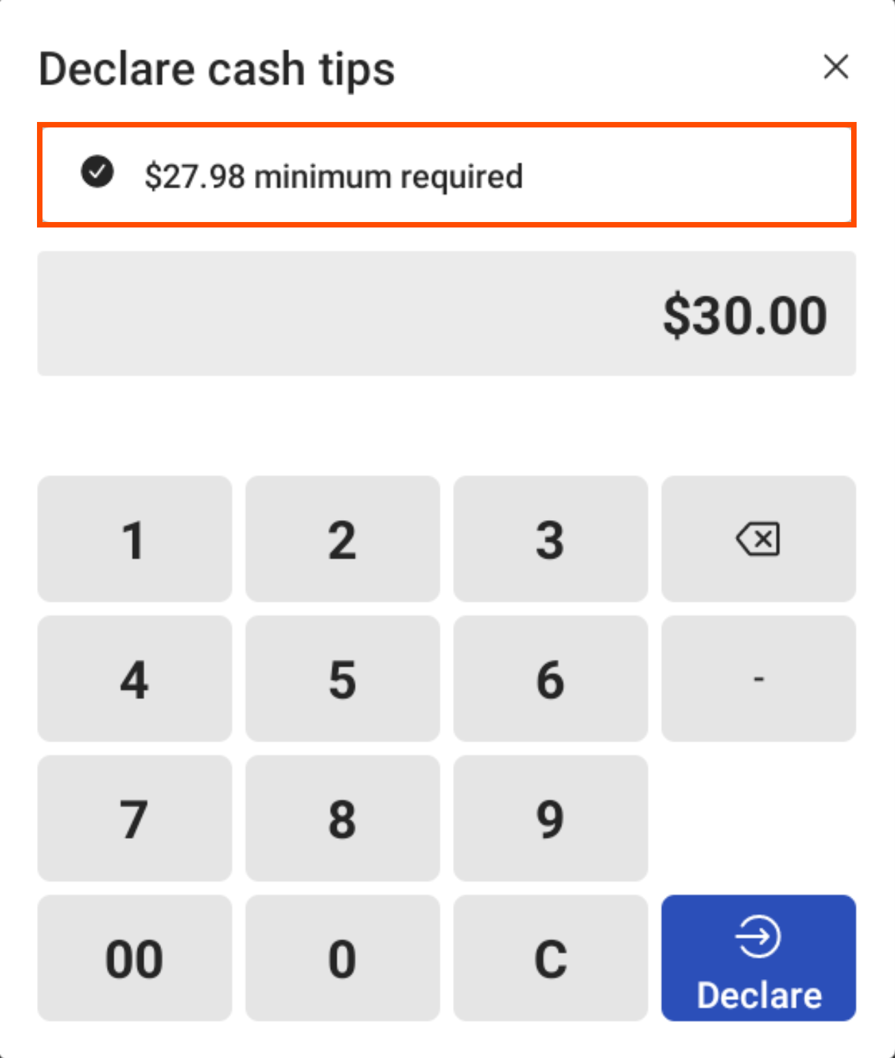 The Declare cash tips dialog box pointing out the minimum tip amount.