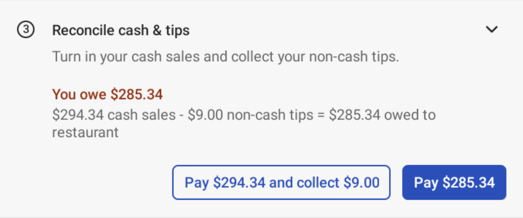 The Reconcile cash & tips step showing total to pay and collect or pay.