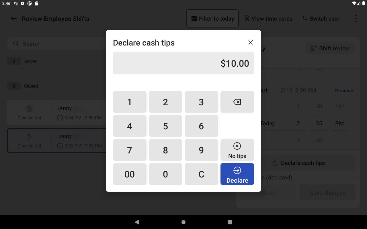 The Declare cash tips numerical keypad opened.