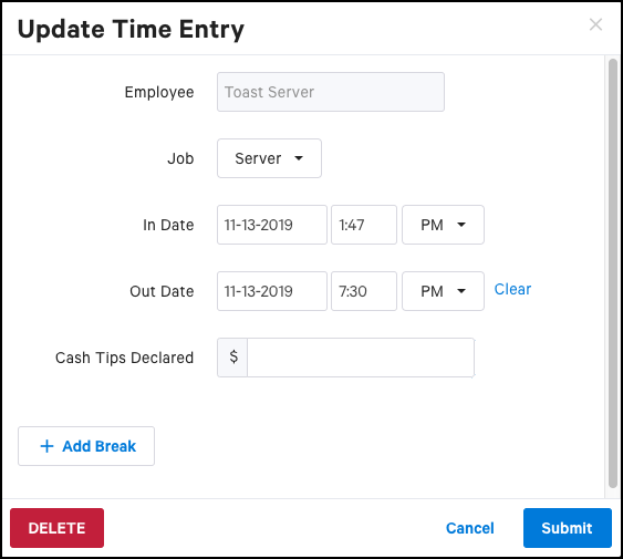 The Update Time Entry dialog box (in the Labor > Time Entry page) for adjusting an employee's Time Entry record.