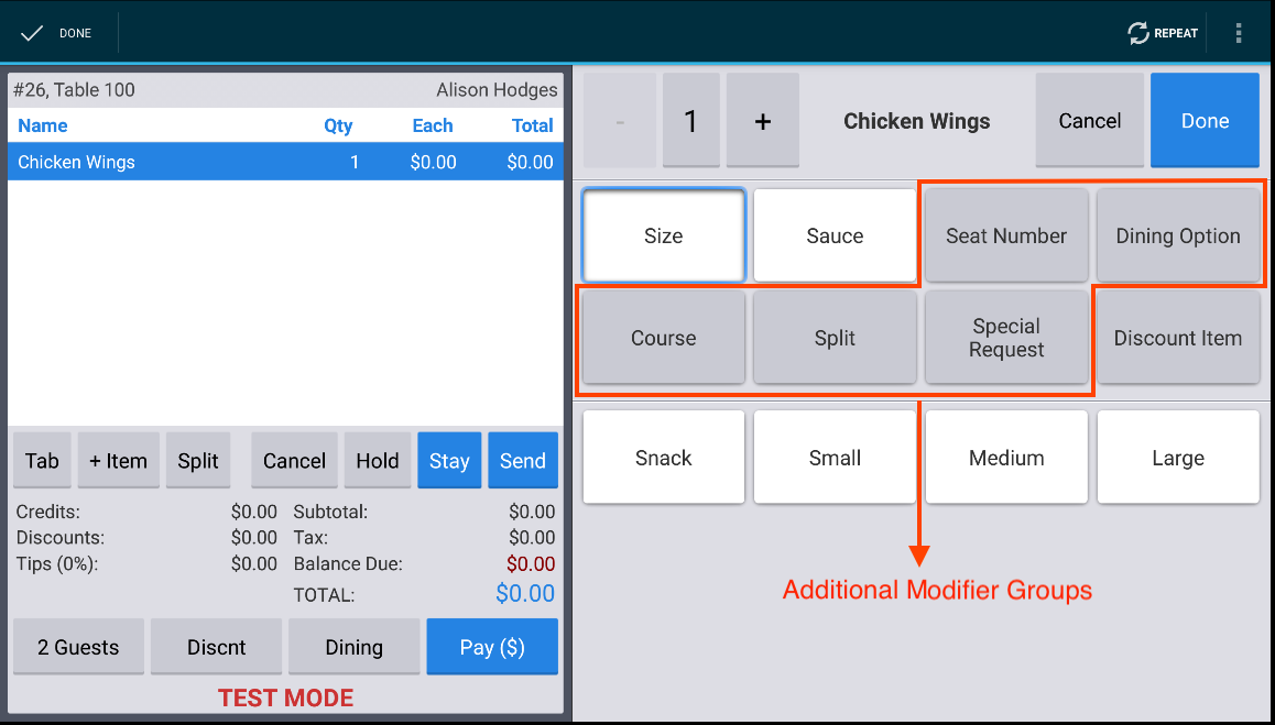 A Table Service order screen for an order of chicken wings with modifier buttons for seat number, dining option, course, split, and special request after the menu-related size and sauce modifier buttons.