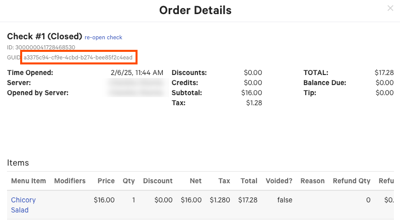 Shows the Order Details page with the check GUID emphasized.