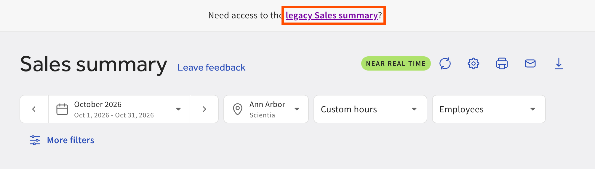 The Sales summary page in Toast Web. The banner with a link to the legacy Sales summary page is highlighted.