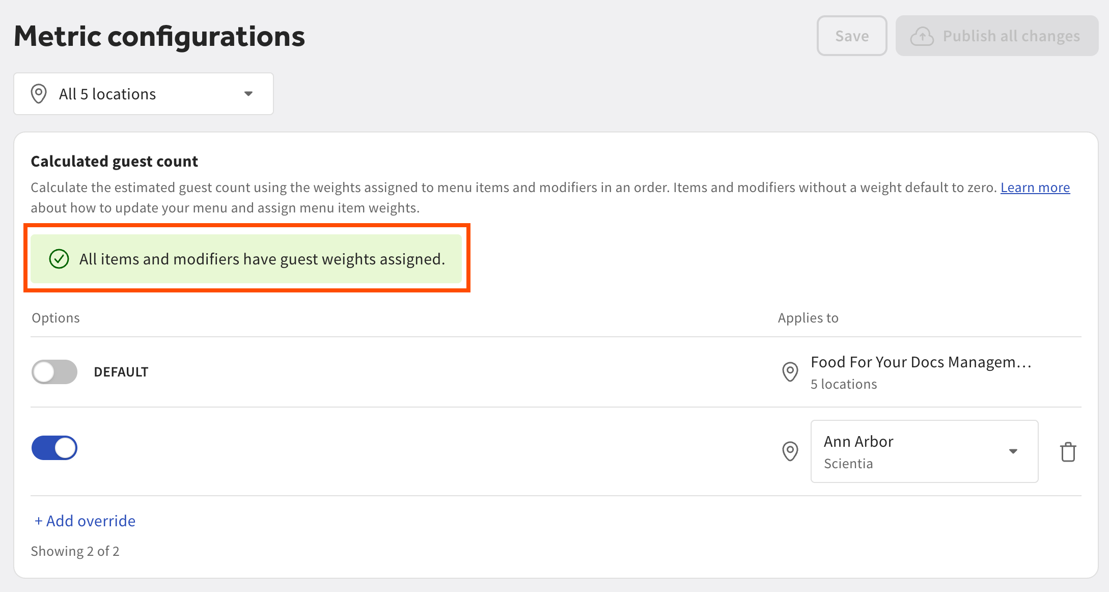 The Metric configurations page in Toast Web. A success message confirming valid guest count weight menu configuration is highlighted.