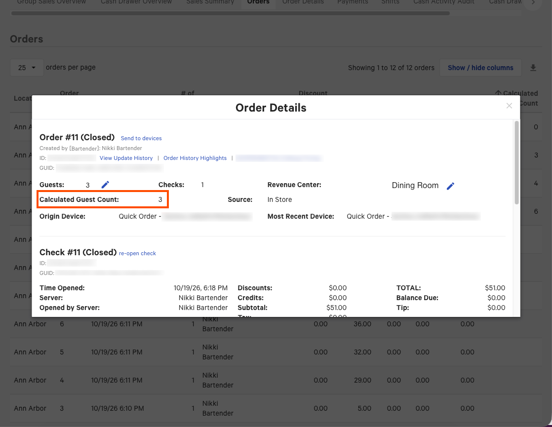 The Order Details view in Toast Web. The Calculated Guest Count: field is highlighted.