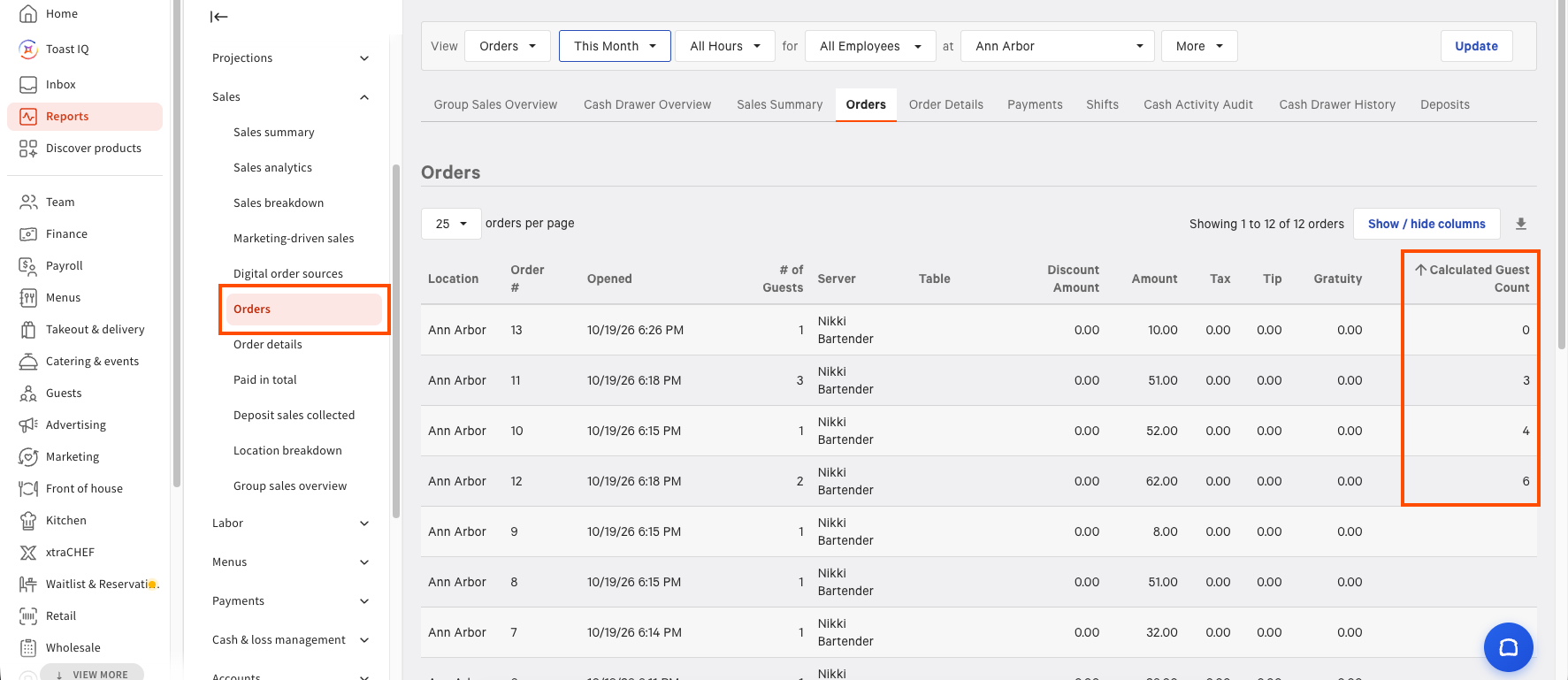 The Orders report page in Toast Web. The Calculated Guest Count column is highlighted.