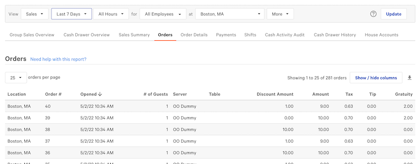 Orders report with the filter fields and list of matching orders