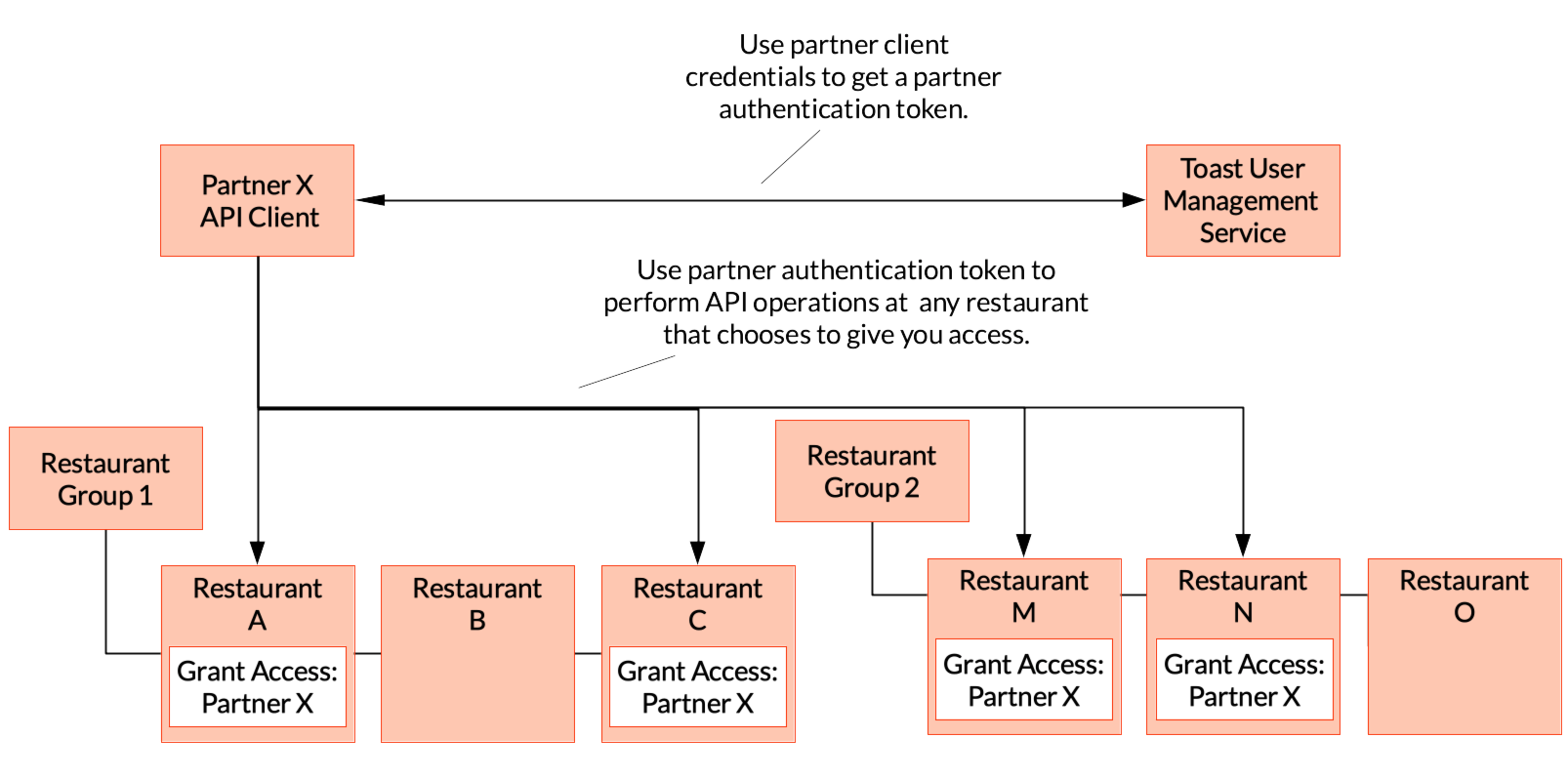 Diagram that shows the authentication process for a partner API client