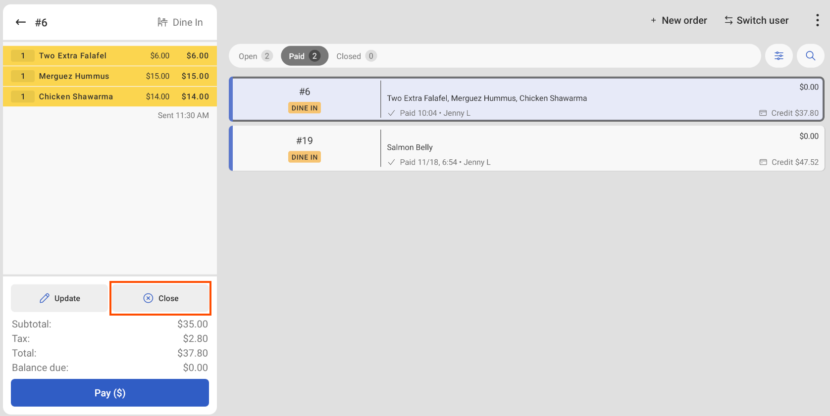 The Payment terminal screen showing a check with the Close button emphasized.