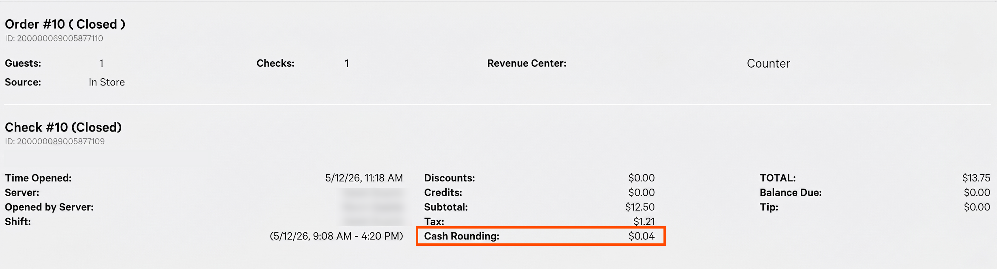 The Orders Details report showing the Cash Rounding item.