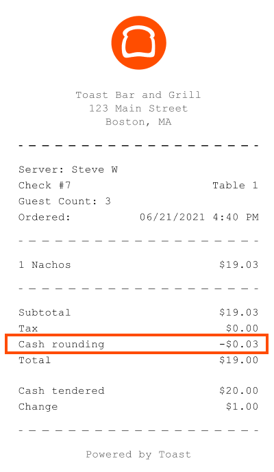A post-payment receipt showing the cash rounding line item with the amount of the rounding adjustment.