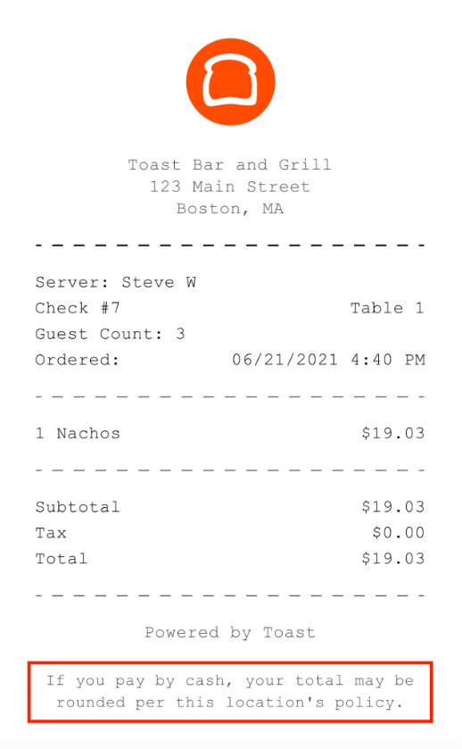 A pre-payment receipt showing the cash rounding disclaimer.