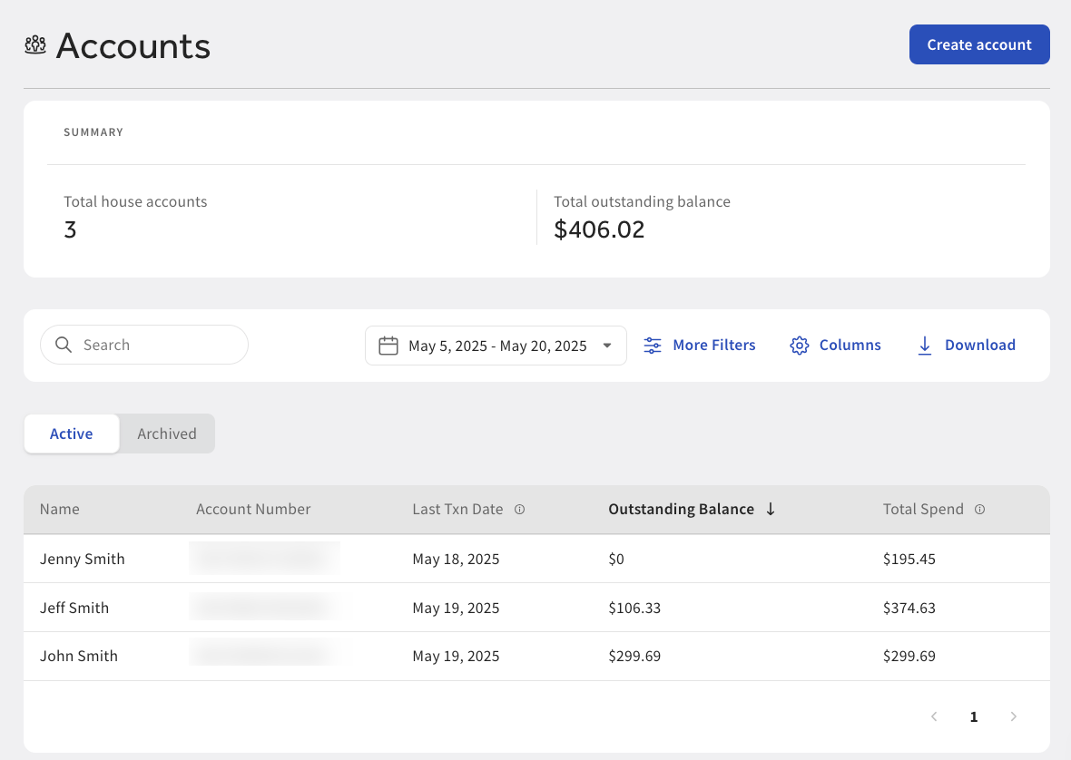 The Accounts page on Toast Web.