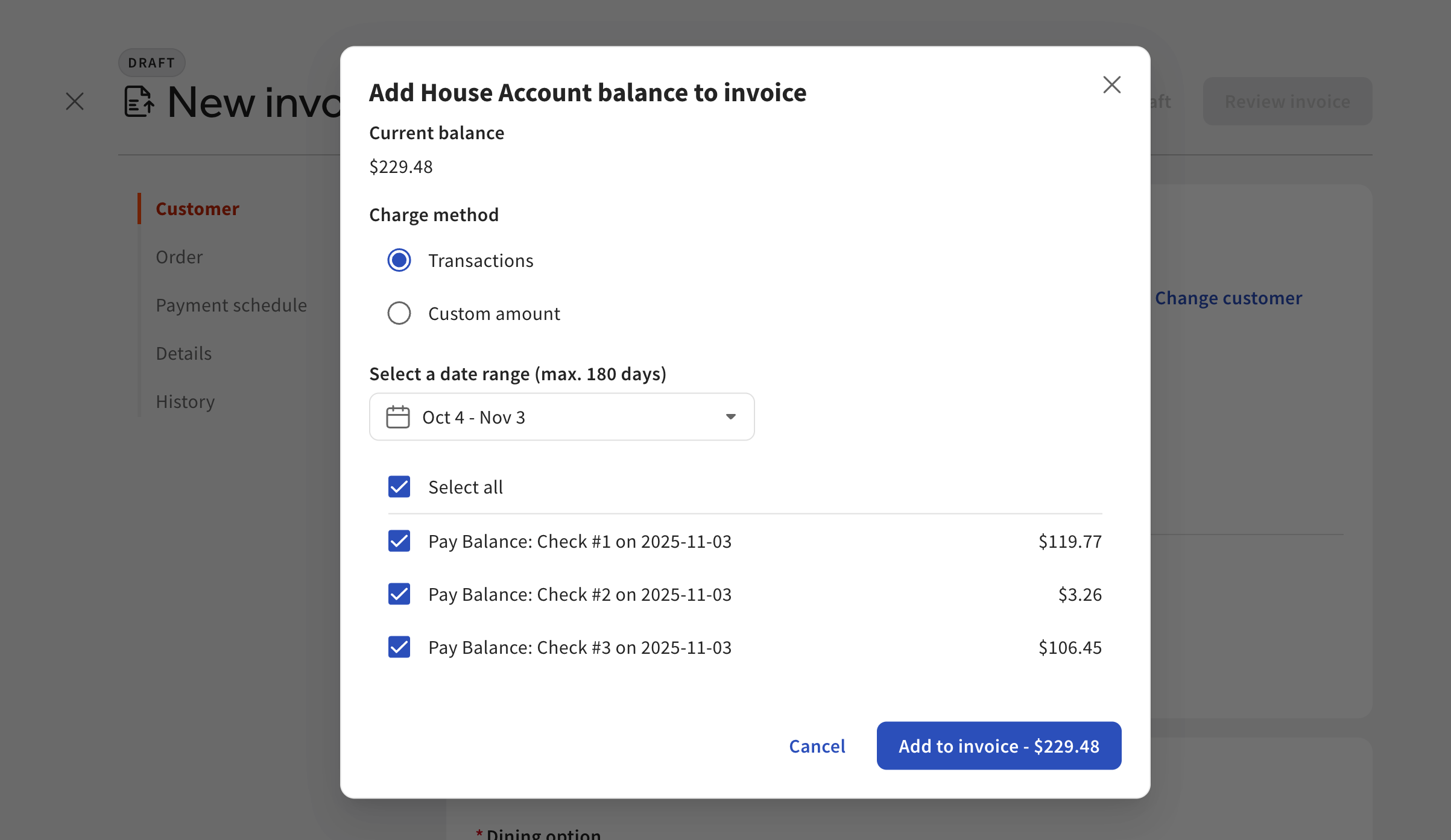 Shows the Add house account balance to invoice dialog in Toast Web.