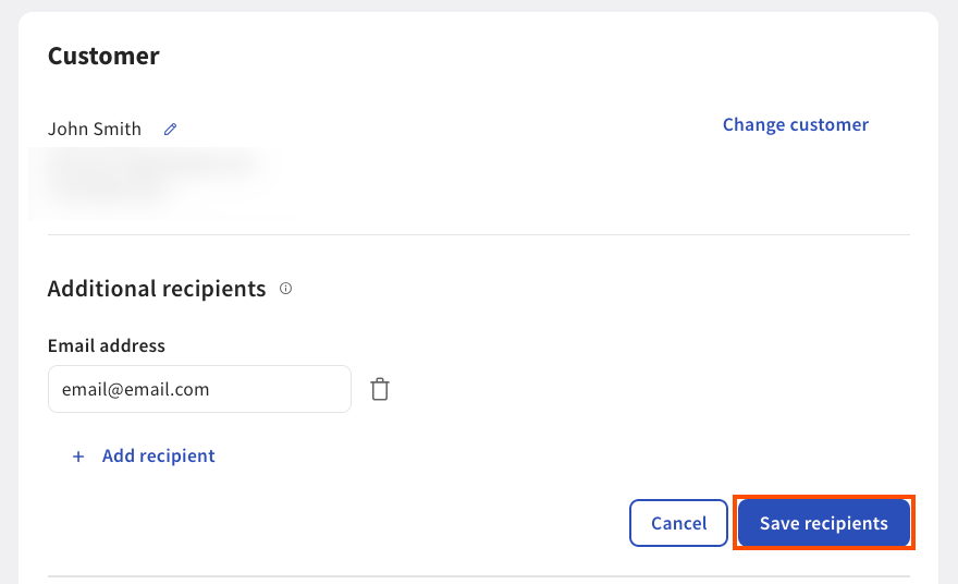 Shows the Customer tab with the Save recipients button emphasized.