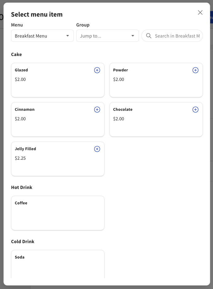 Shows the Select menu item page.