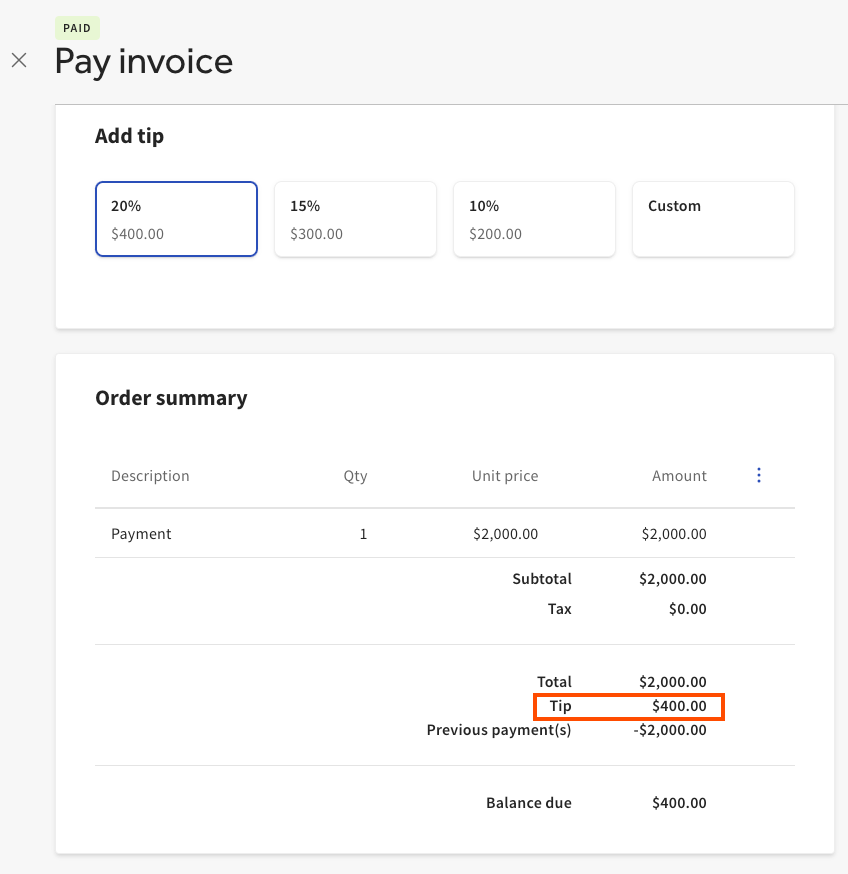 Shows the Add tip button on the Pay invoice page.