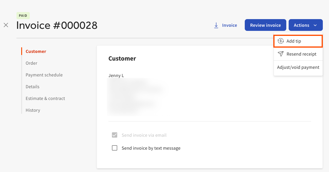 Shows the Add tip button on the Invoice page.