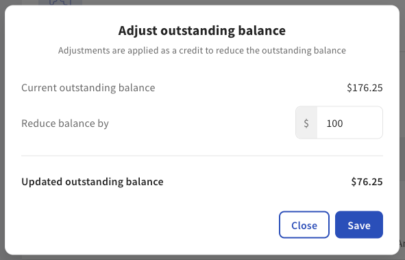 The Adjust outstanding balance dialog on Toast Web.